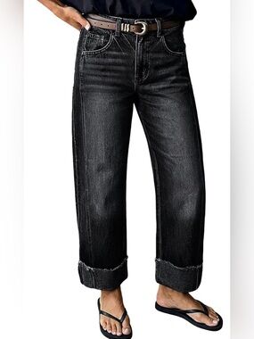 Flamingals Mid Rise Straight Leg Wash Seam Front Roll Jeans S FG29-23